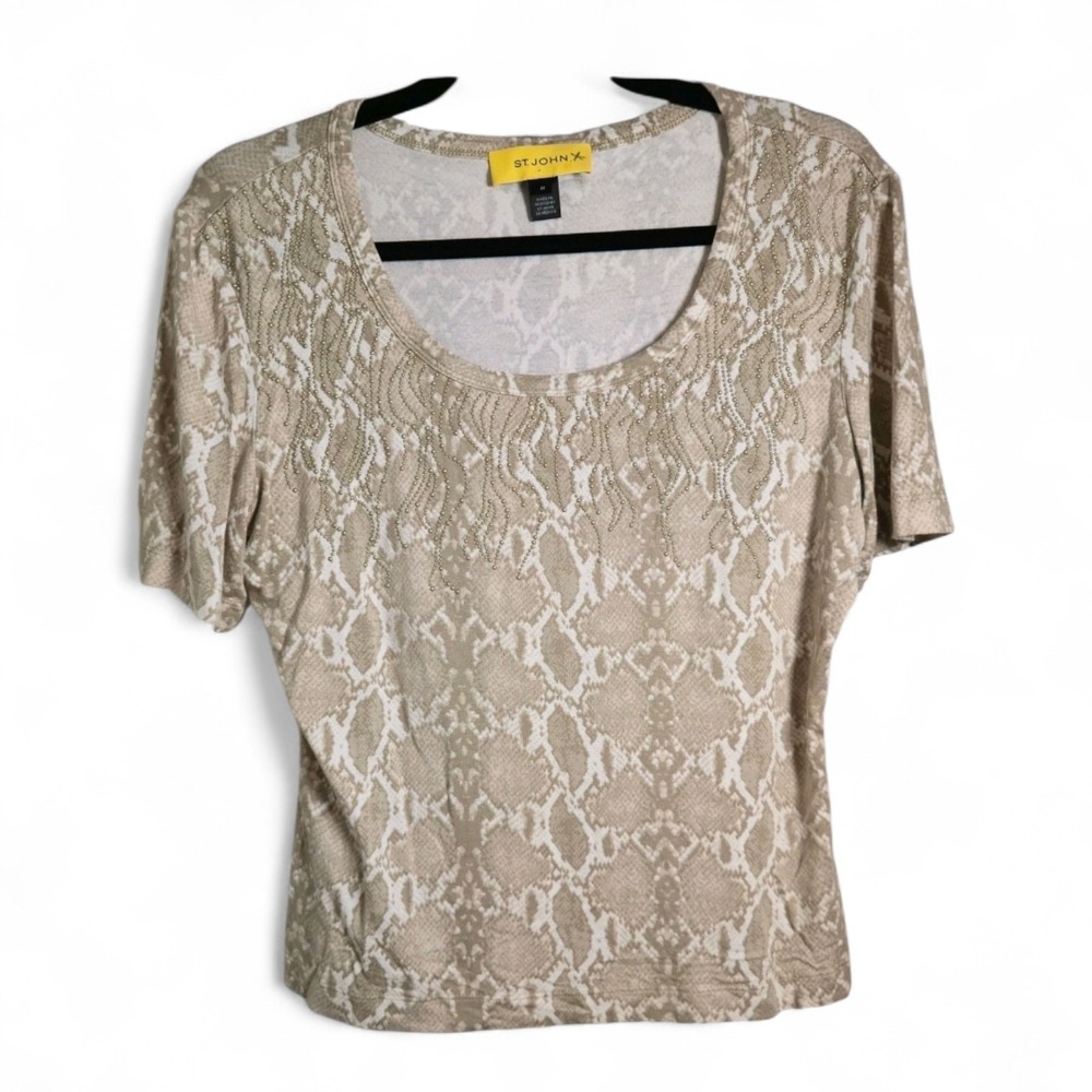 St. John Snake Print Beaded Short Sleeve Blouse Beige Women's Medium‎